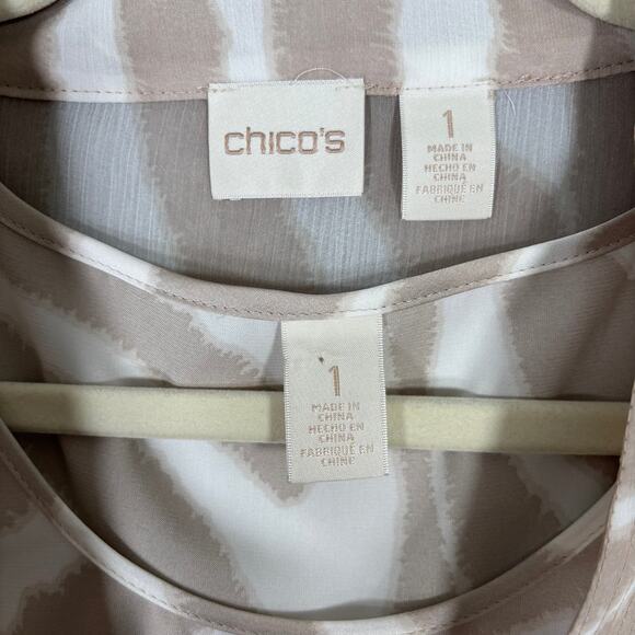 Chicos Blouse Tan Medium Sheer Animal Flowy Lagenlook Artsy Popover Neutral Tank - Picture 6 of 12